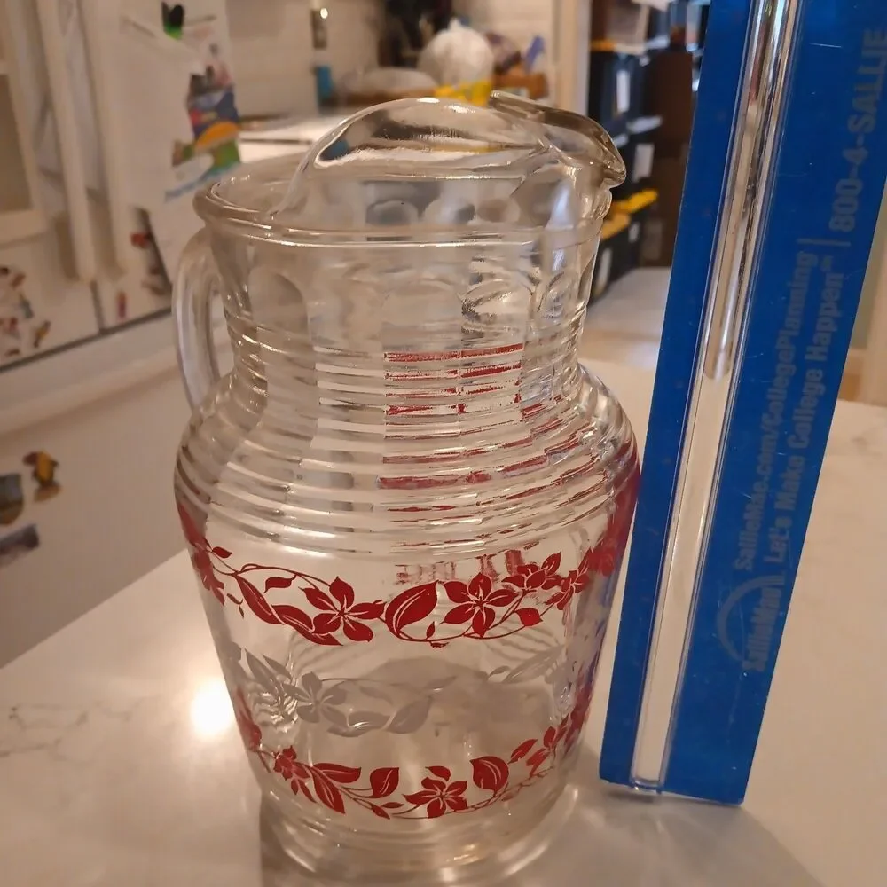 1950s MCM Hazel Atlas Clematis Floral Ribbed Ice Lip Glass Pitcher - Rare!